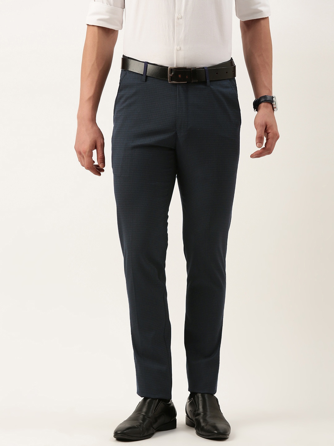 

Peter England Men Neo Slim Fit Checked Trousers, Navy blue