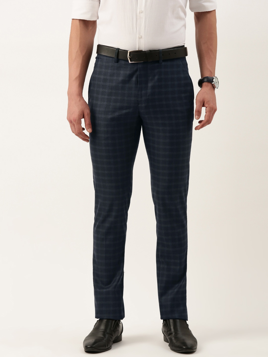 

Peter England Men Neo Slim Fit Checked Trousers, Navy blue