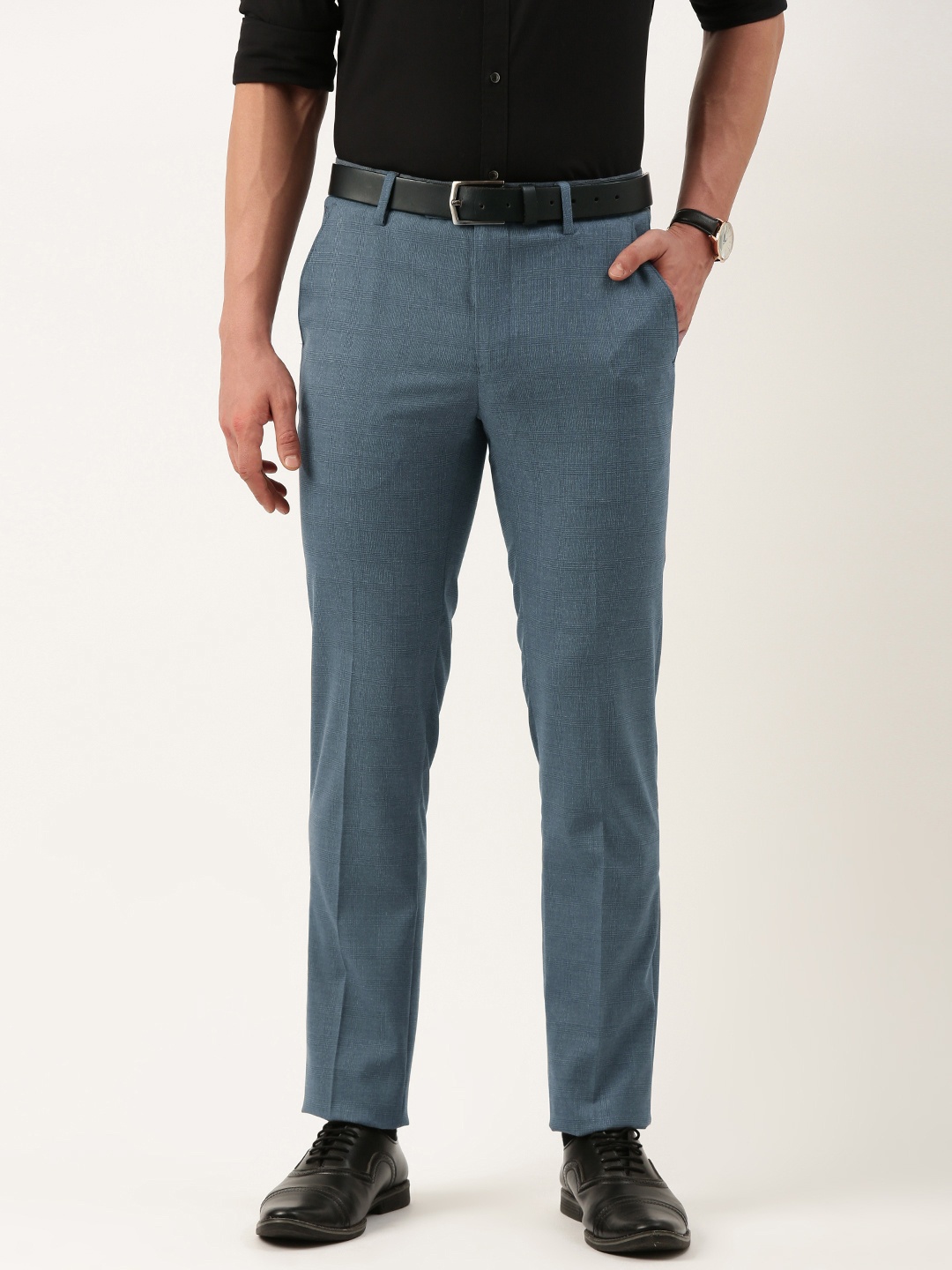 

Peter England Men Mid-Rise Checked Slim Fit Trousers, Grey