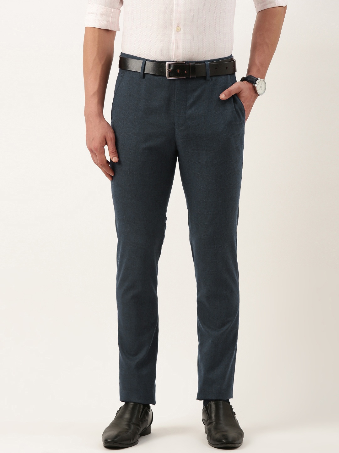 

Peter England Men Neo Slim Fit Textured Trousers, Navy blue