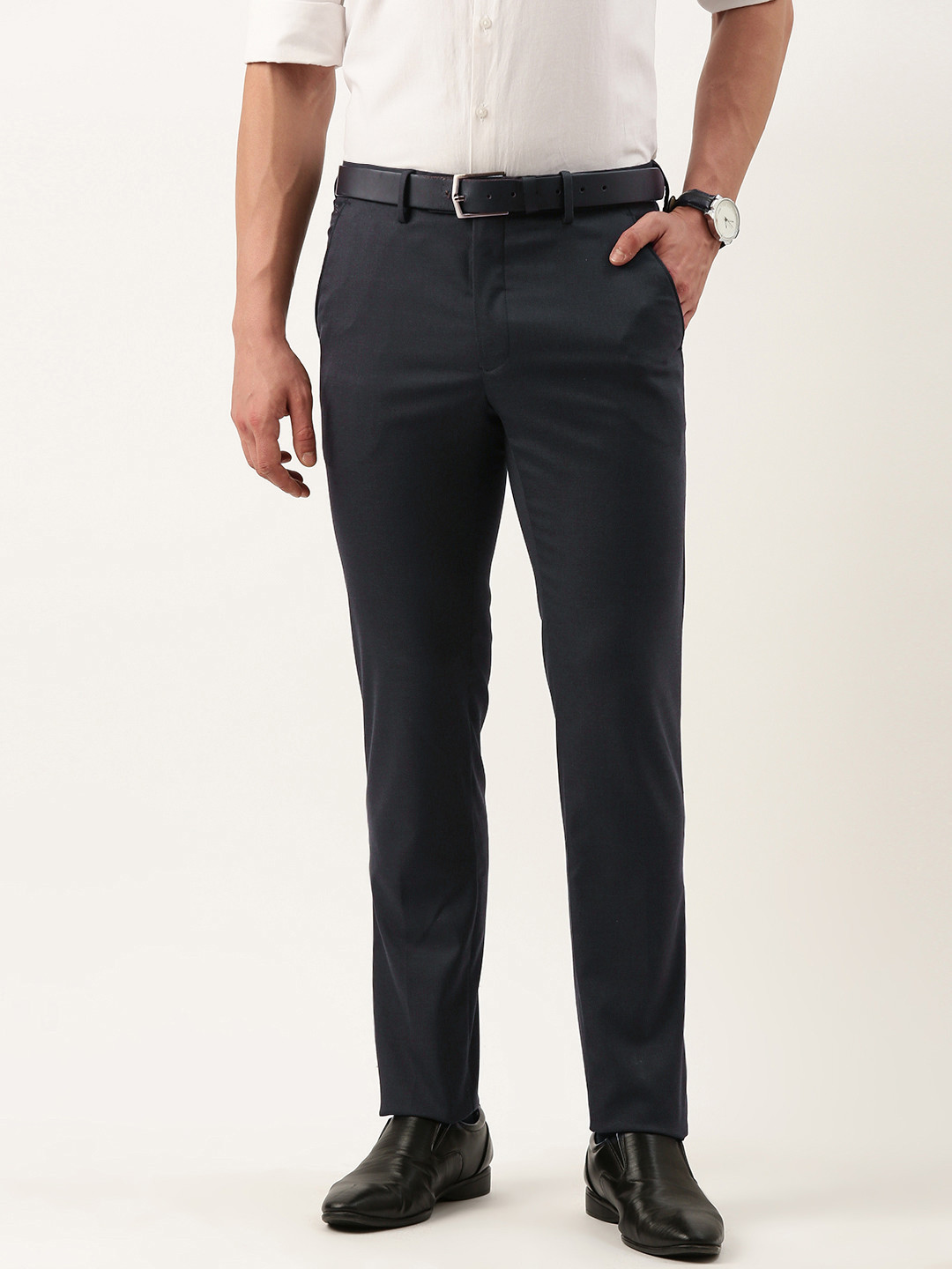 

Peter England Men Neo Slim Fit Checked Trousers, Navy blue