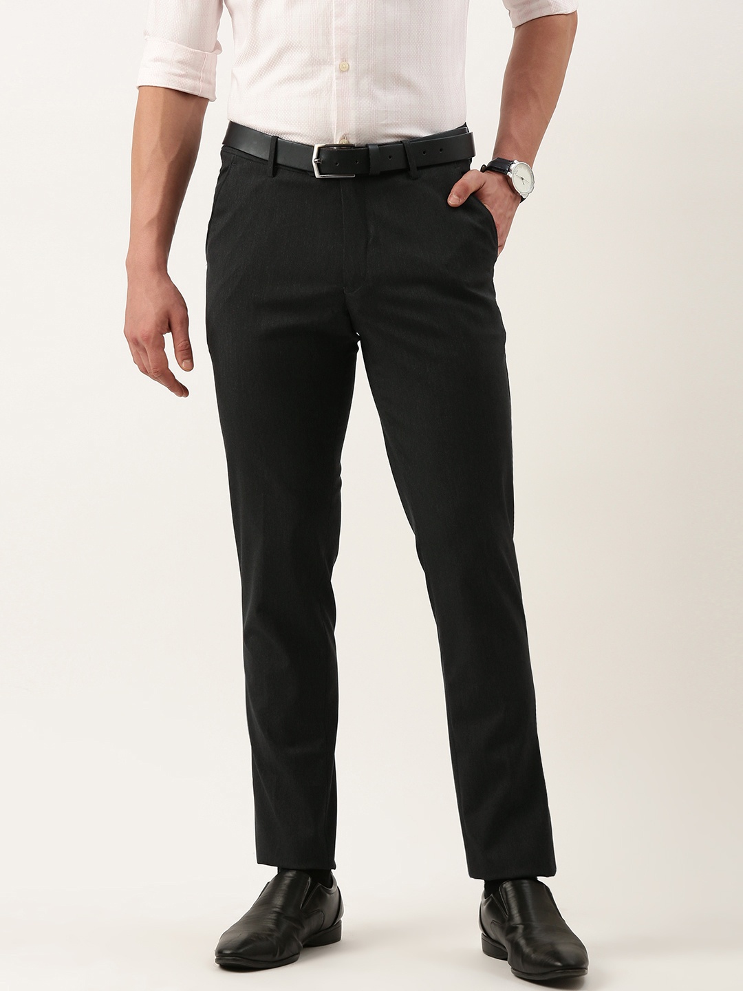 

Peter England Men Solid Slim Fit Mid Rise Formal Trousers, Charcoal