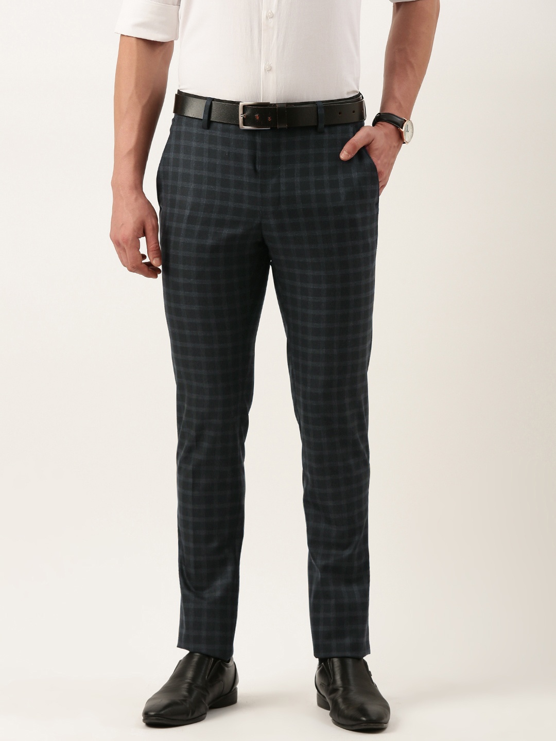 

Peter England Men Mid-Rise Checked Slim Fit Trousers, Black