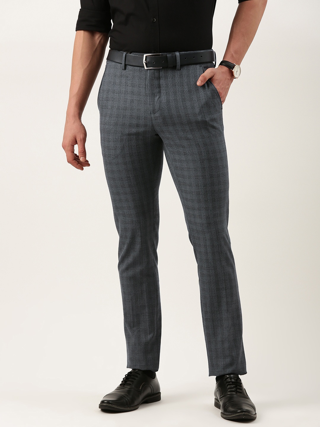 

Peter England Men Neo Slim Fit Checked Trousers, Grey