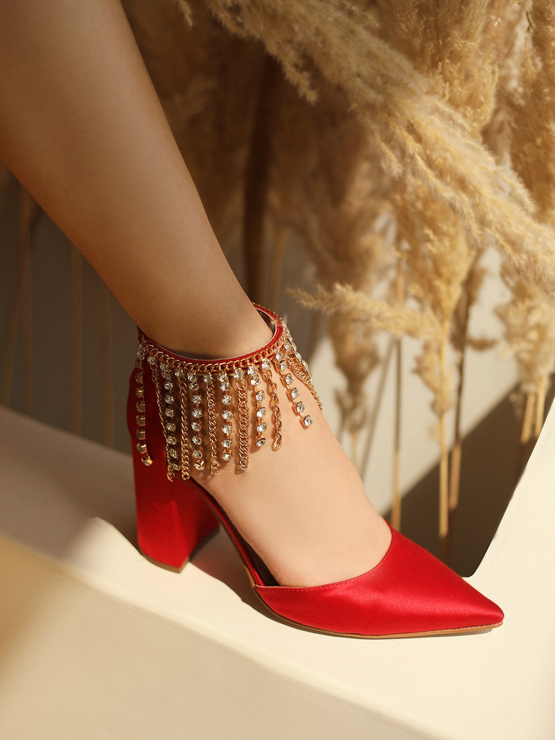 

Saint G Embellished Leather Block Pumps, Red