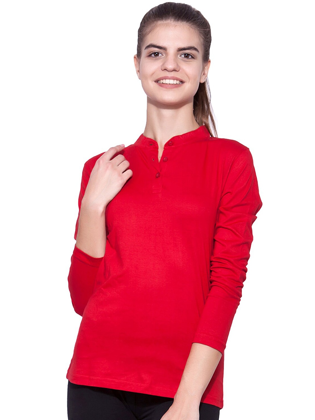 

appulse Long Sleeve Mandarin Collar Cotton T-shirt, Red