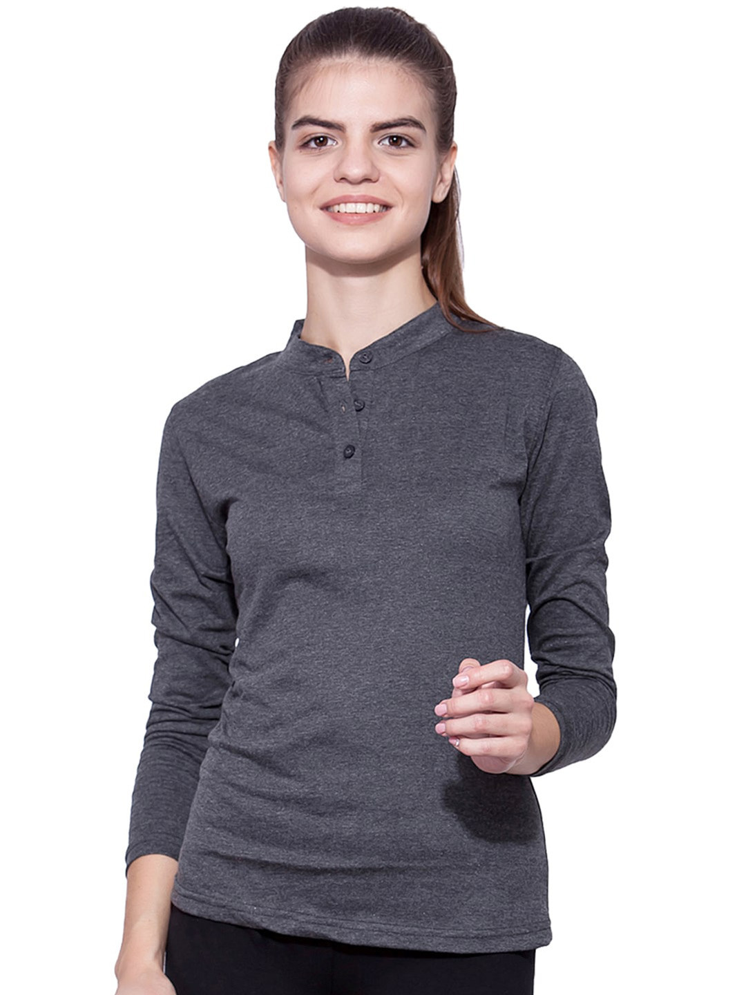 

appulse Mandarin Collar Long Sleeve Cotton T-shirt, Charcoal