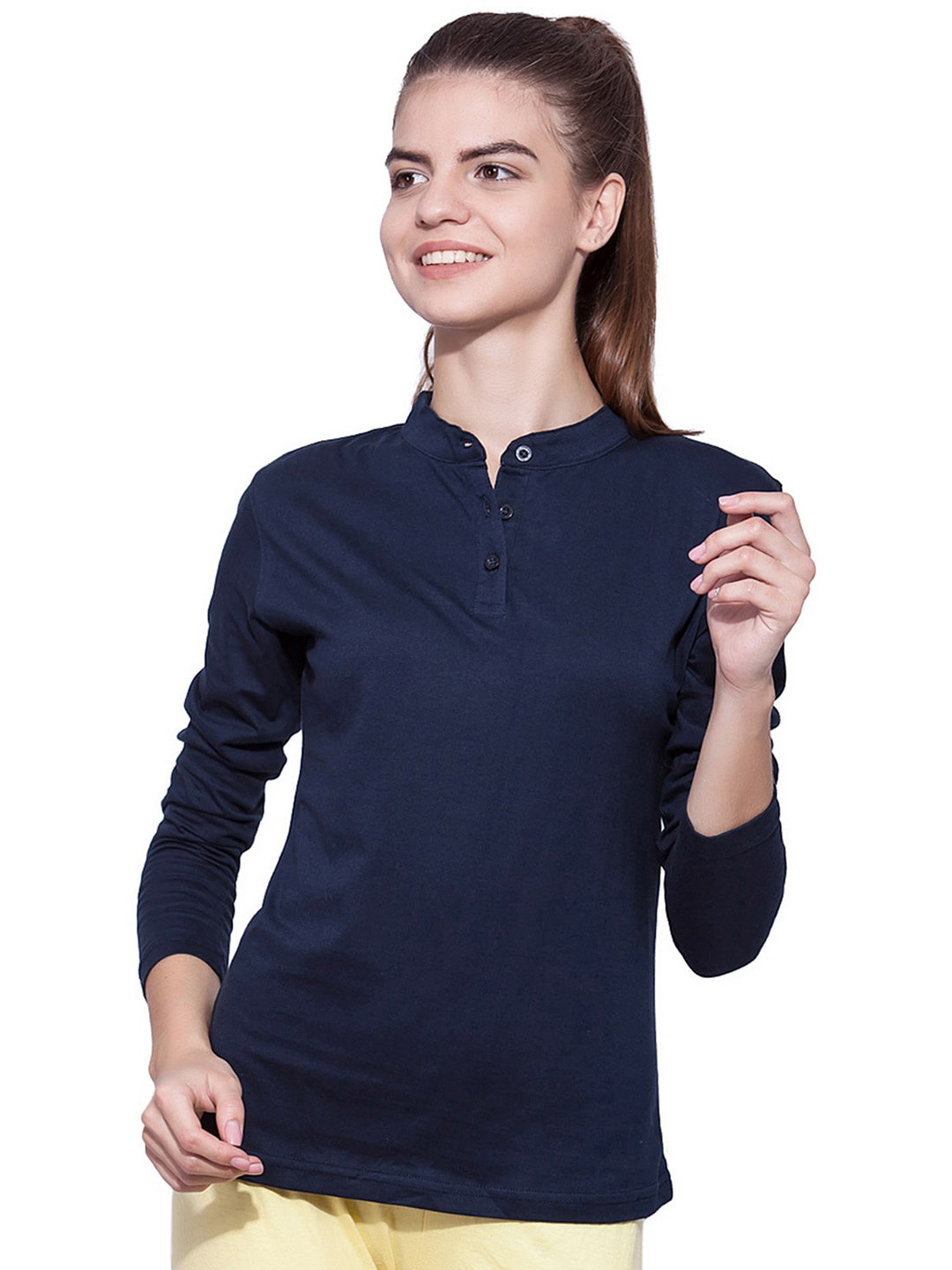 

appulse Mandarin Collar Long Sleeves Cotton T-shirt, Navy blue