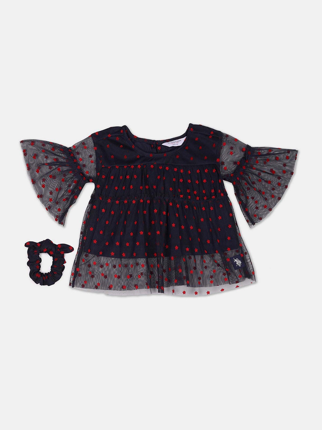

U.S. Polo Assn. Kids Girls Bell Sleeves Printed Top With Hair Band, Blue