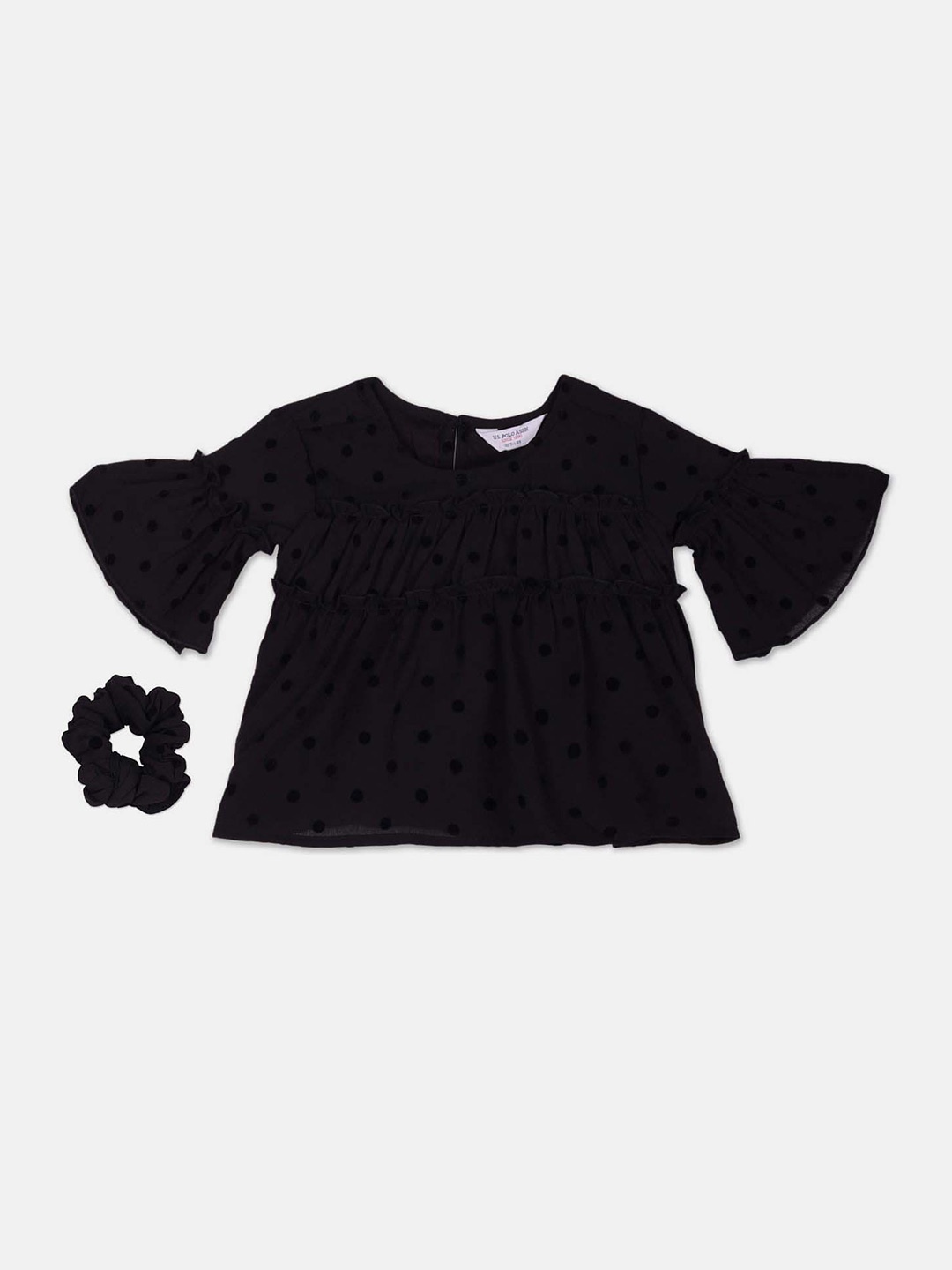 

U.S. Polo Assn. Kids Girls Polka Dots Printed Bell Sleeves Tiered A-Line Top, Black