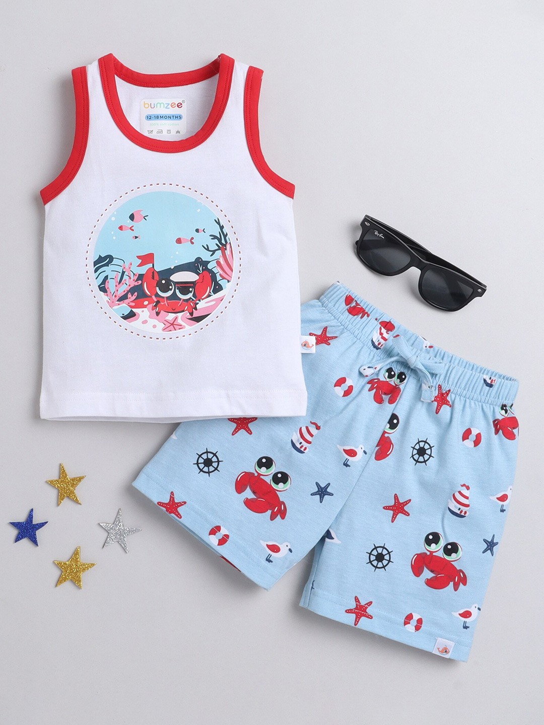 

BUMZEE Boys PrintedPure Cotton T-shirt With Shorts, White