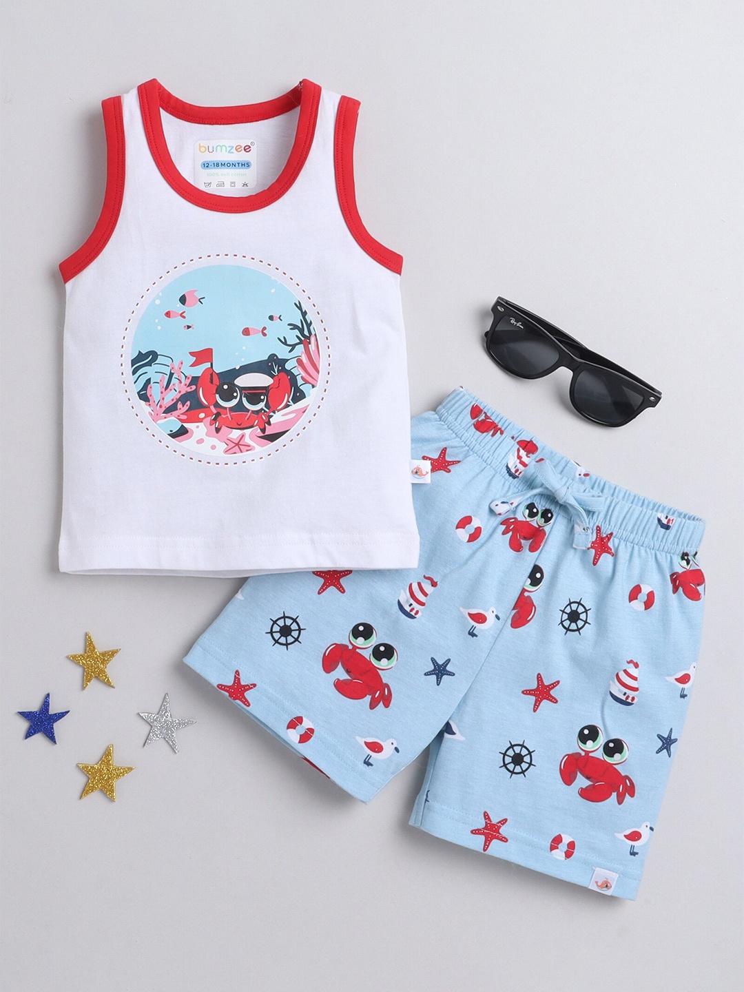 

BUMZEE Boys Printed Pure Cotton T-shirt With Shorts, White