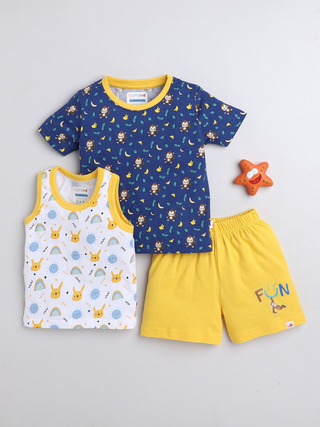 

BUMZEE Infants Boys Pack of 3 Printed Pure Cotton T-shirt with Shorts, Navy blue