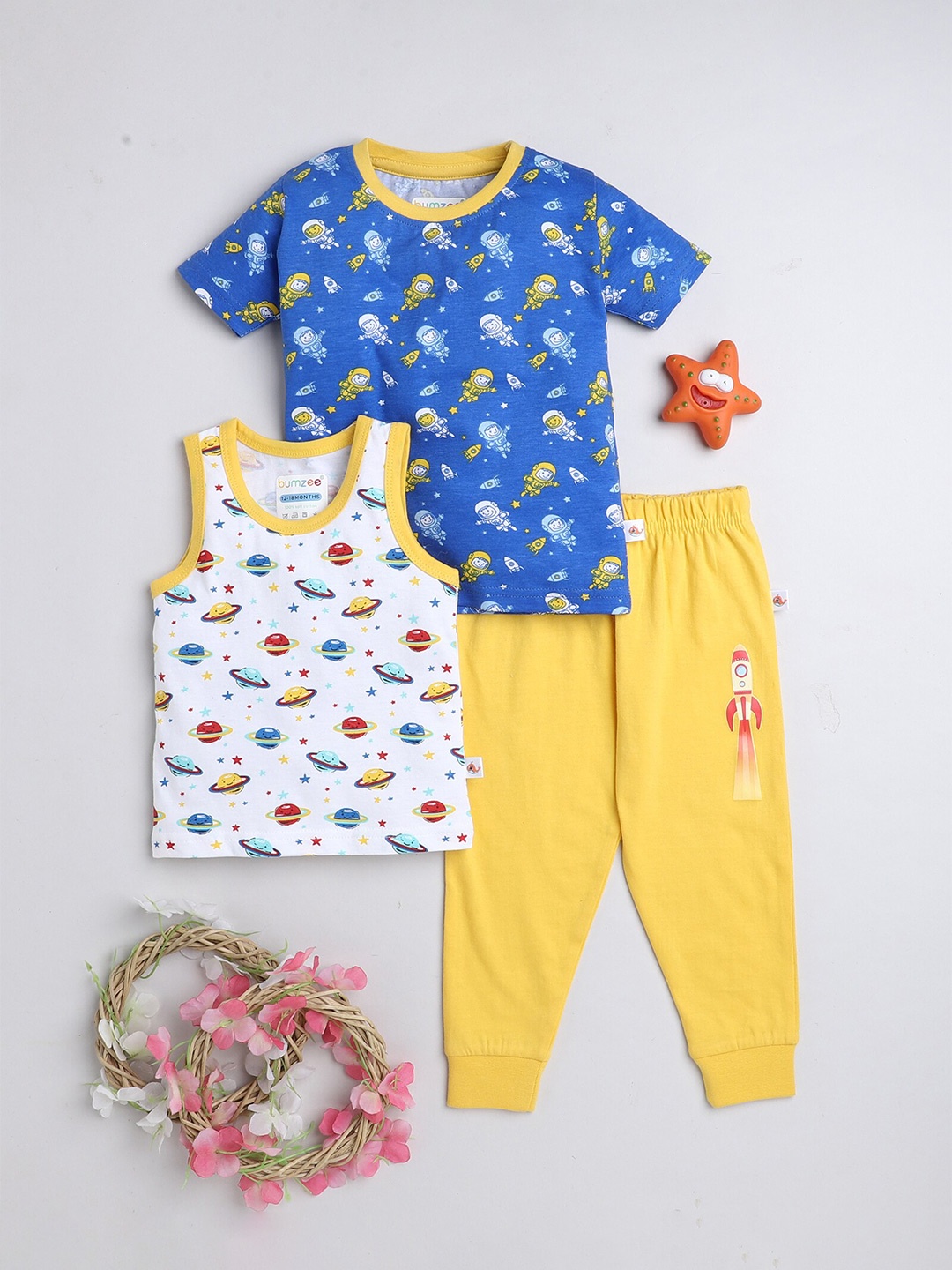 

BUMZEE Infant Boys Pack of 3 Printed Pure Cotton T-shirt with Trousers, Blue