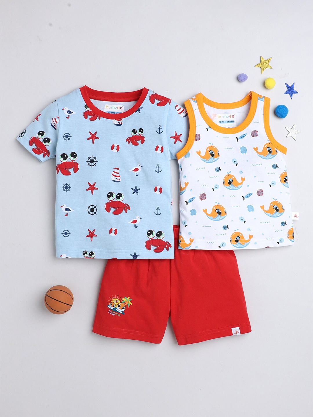 

BUMZEE Boys Printed Pure Cotton T-shirt With Shorts, Blue