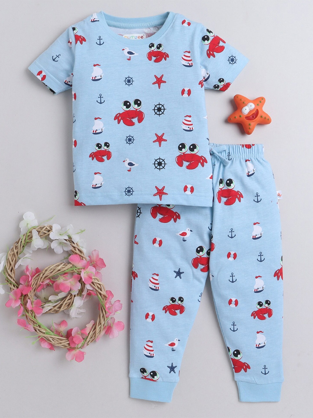 

BUMZEE Boys Printed Pure Cotton T-shirt with Pyjamas, Blue