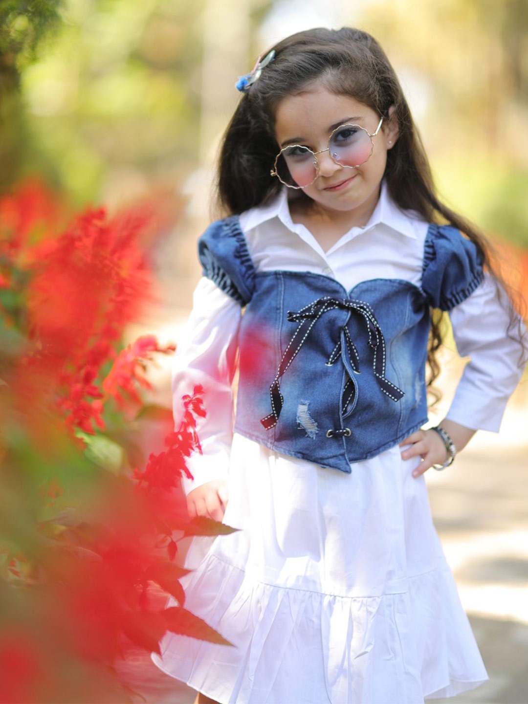 

Googo Gaaga Girls Shirt Collar Tiered Pure Cotton Shirt Dress With Denim Top, White