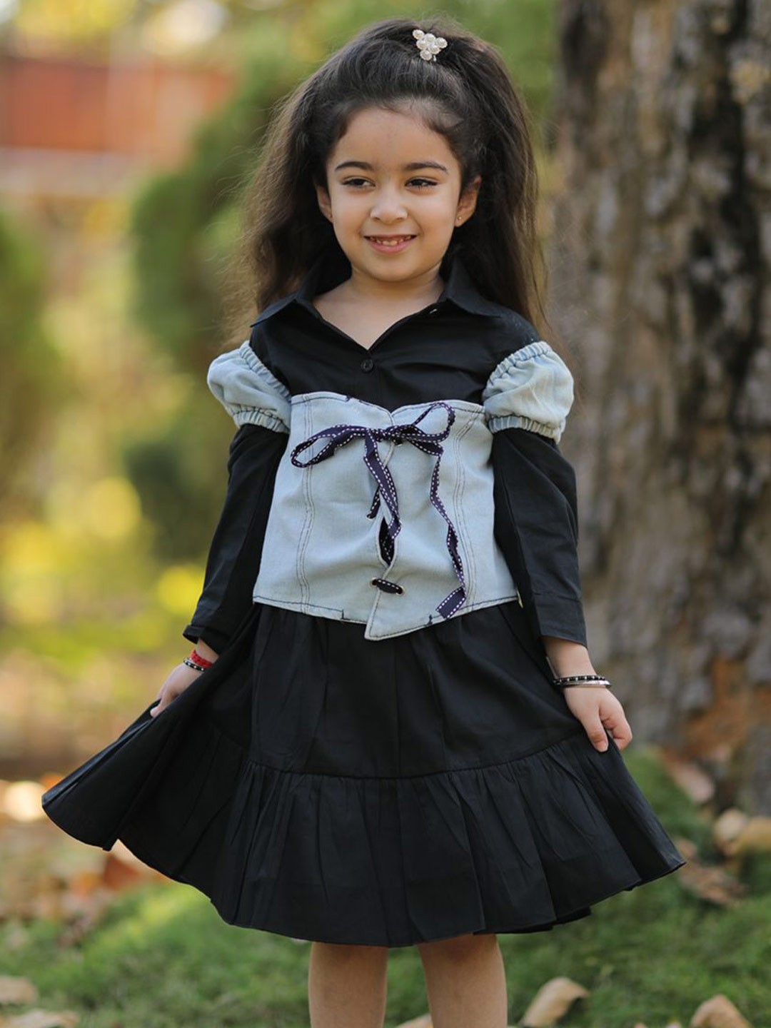 

Googo Gaaga Girls Cotton Shirt With Denim Top, Black