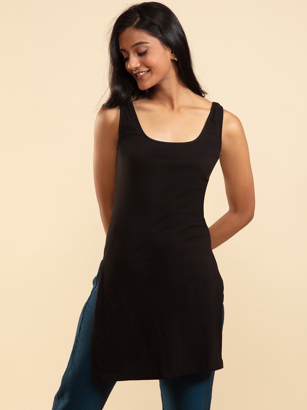 

Nykd Non-Padded Longline Cotton Camisole With Side Slit, Black