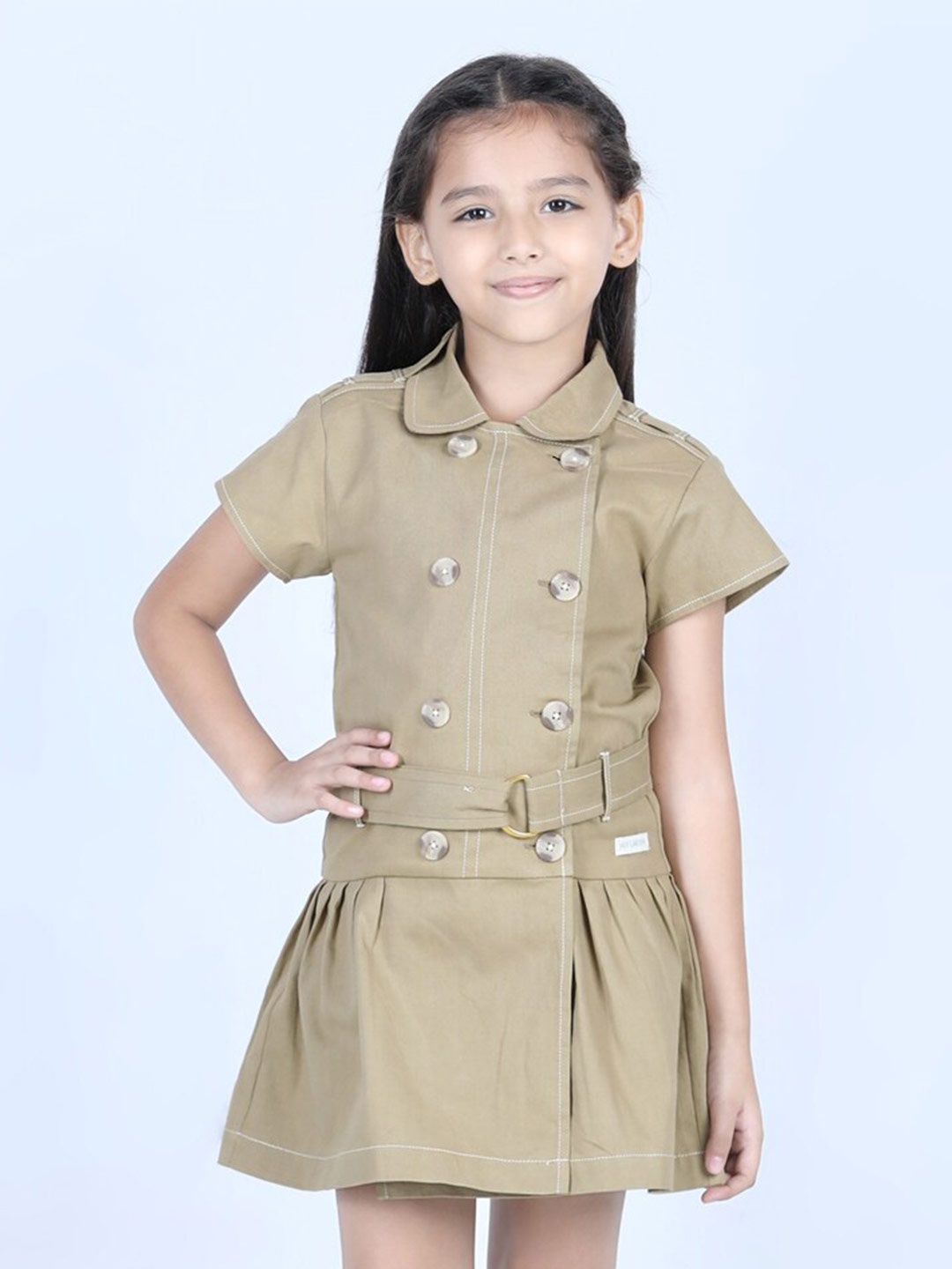 

Jade Garden Girls Shirt Collar Belted Drop-Waist Dress, Brown