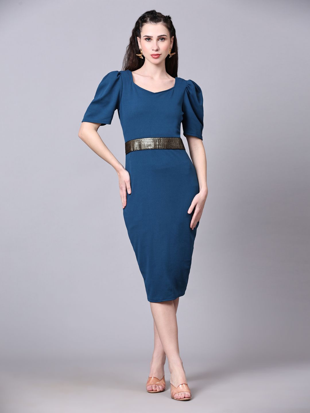 

DEETYA ARTS Square Neck Cotton Bodycon Midi Dress, Blue
