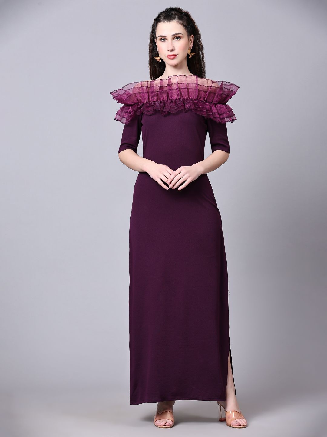 

DEETYA ARTS Off-Shoulder Ruffles Sheath Maxi Dress, Burgundy