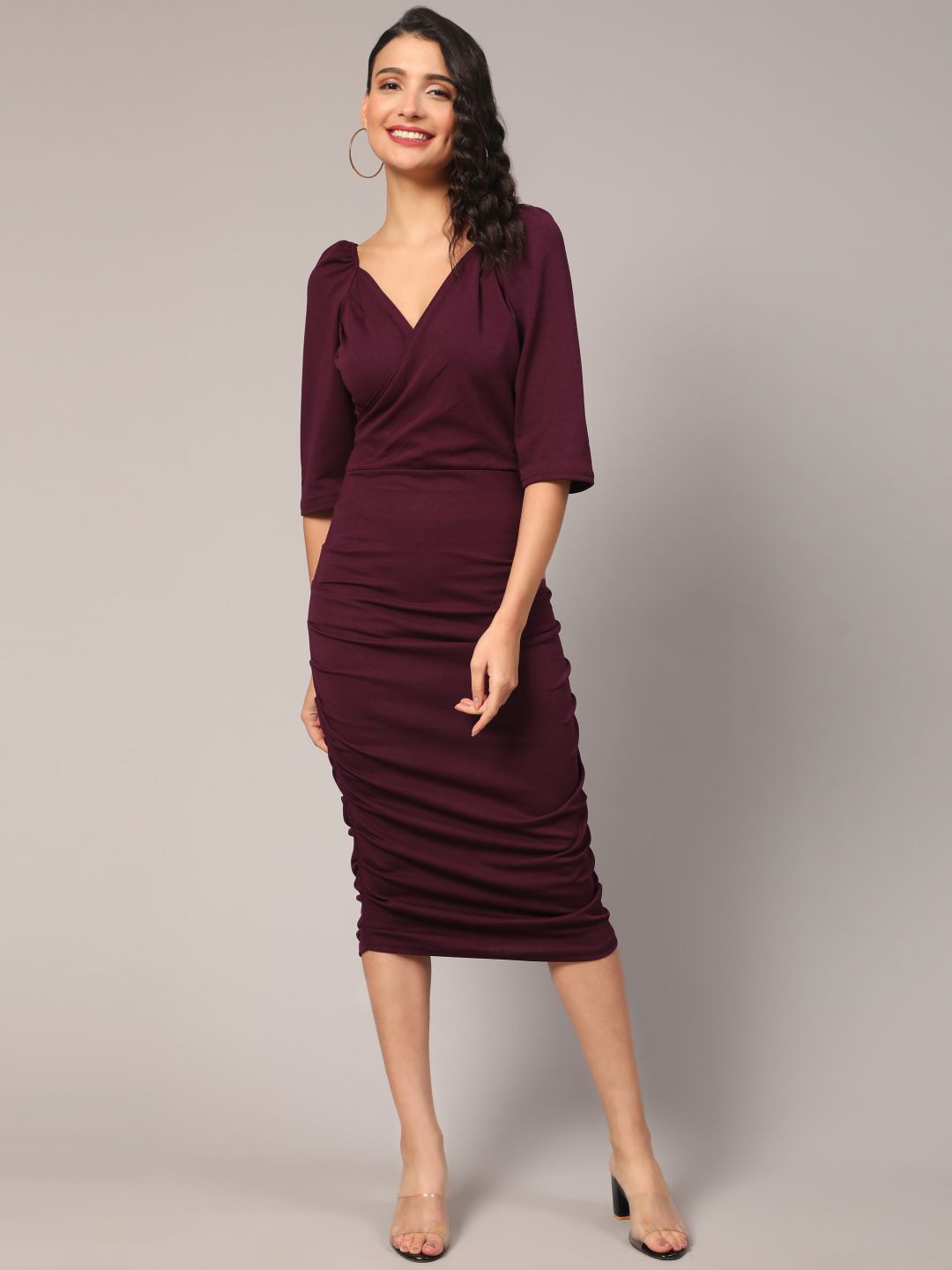 

DEETYA ARTS Puff Sleeves Ruched Bodycon Midi Dress, Maroon