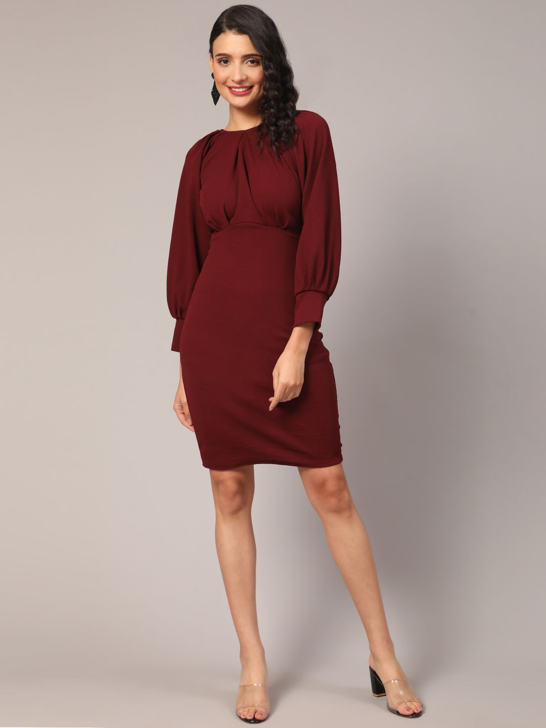 

DEETYA ARTS Gathered Cuffed Sleeves Sheath Dress, Maroon