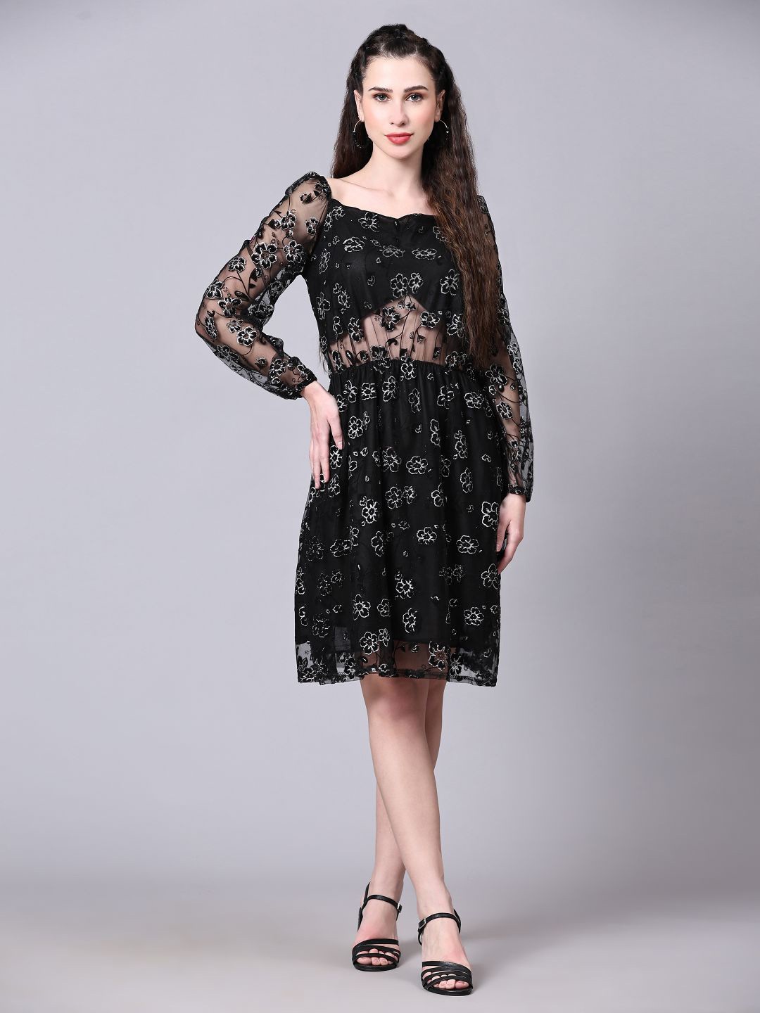 

DEETYA ARTS Floral Printed Sheer Fit & Flare Dress, Black