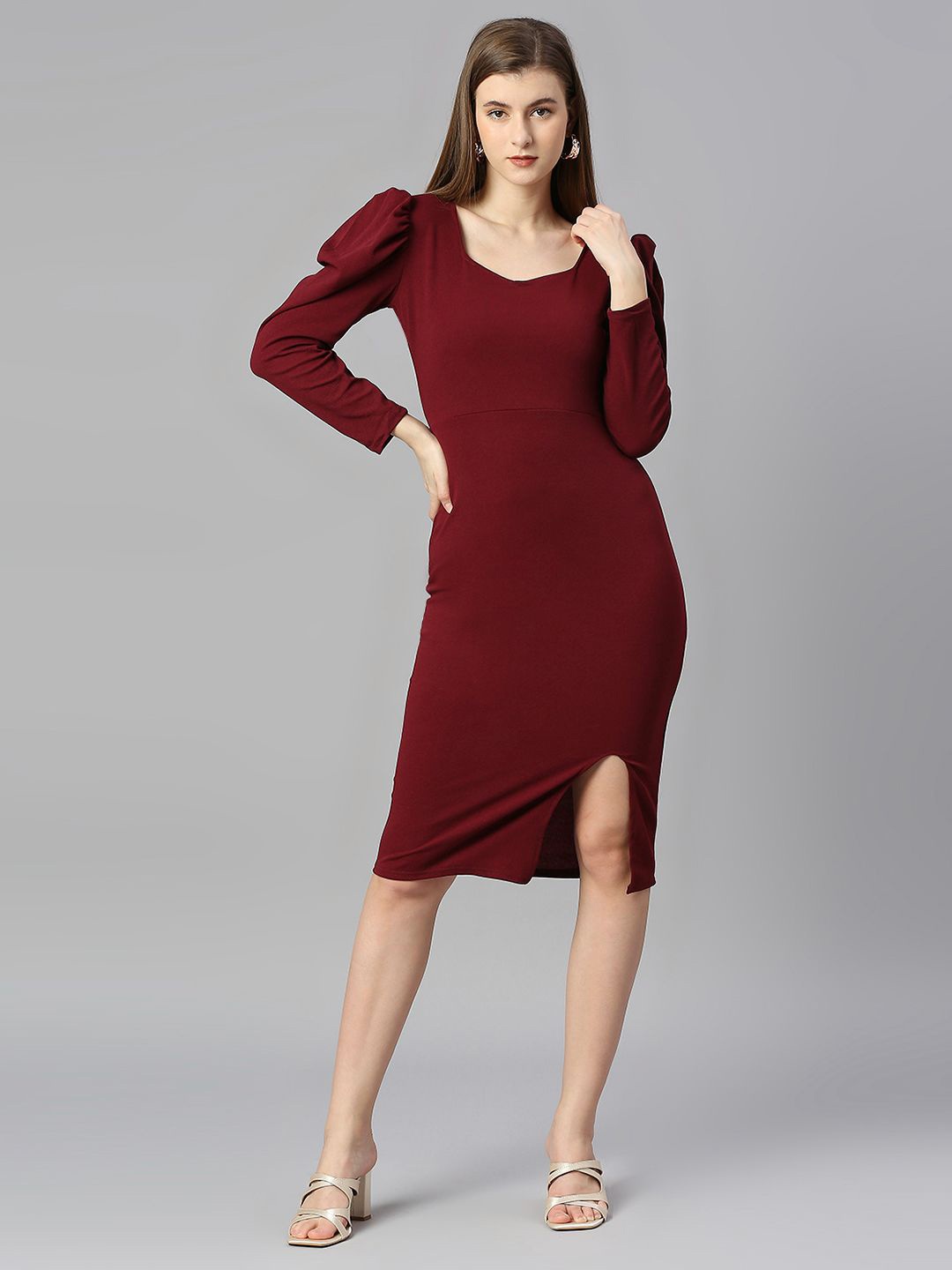 

DEETYA ARTS Puff Sleeves Sheath Dress, Maroon