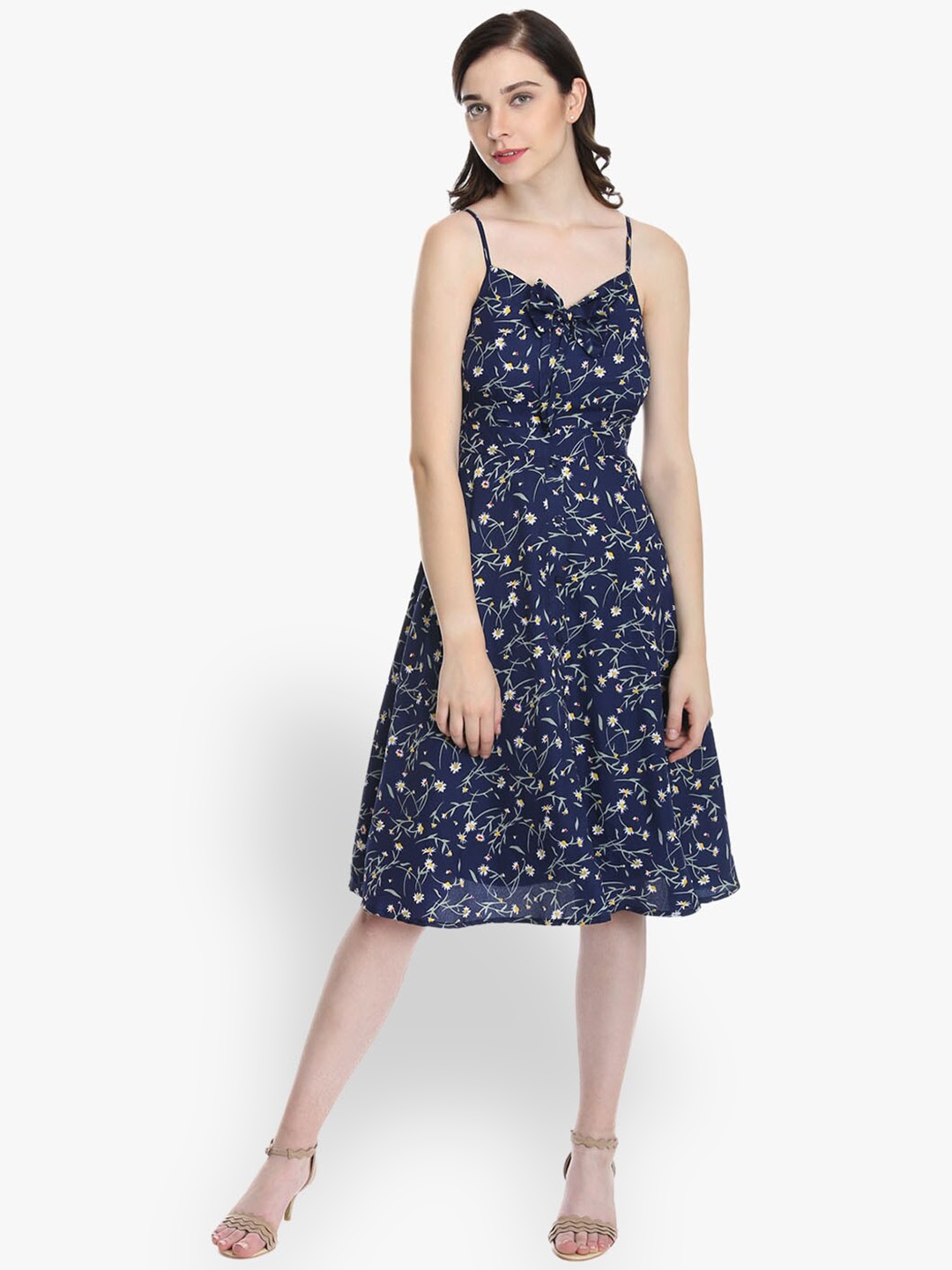 

DODO & MOA Shoulder Straps Floral Printed Satin Fit And Flare Dress, Navy blue