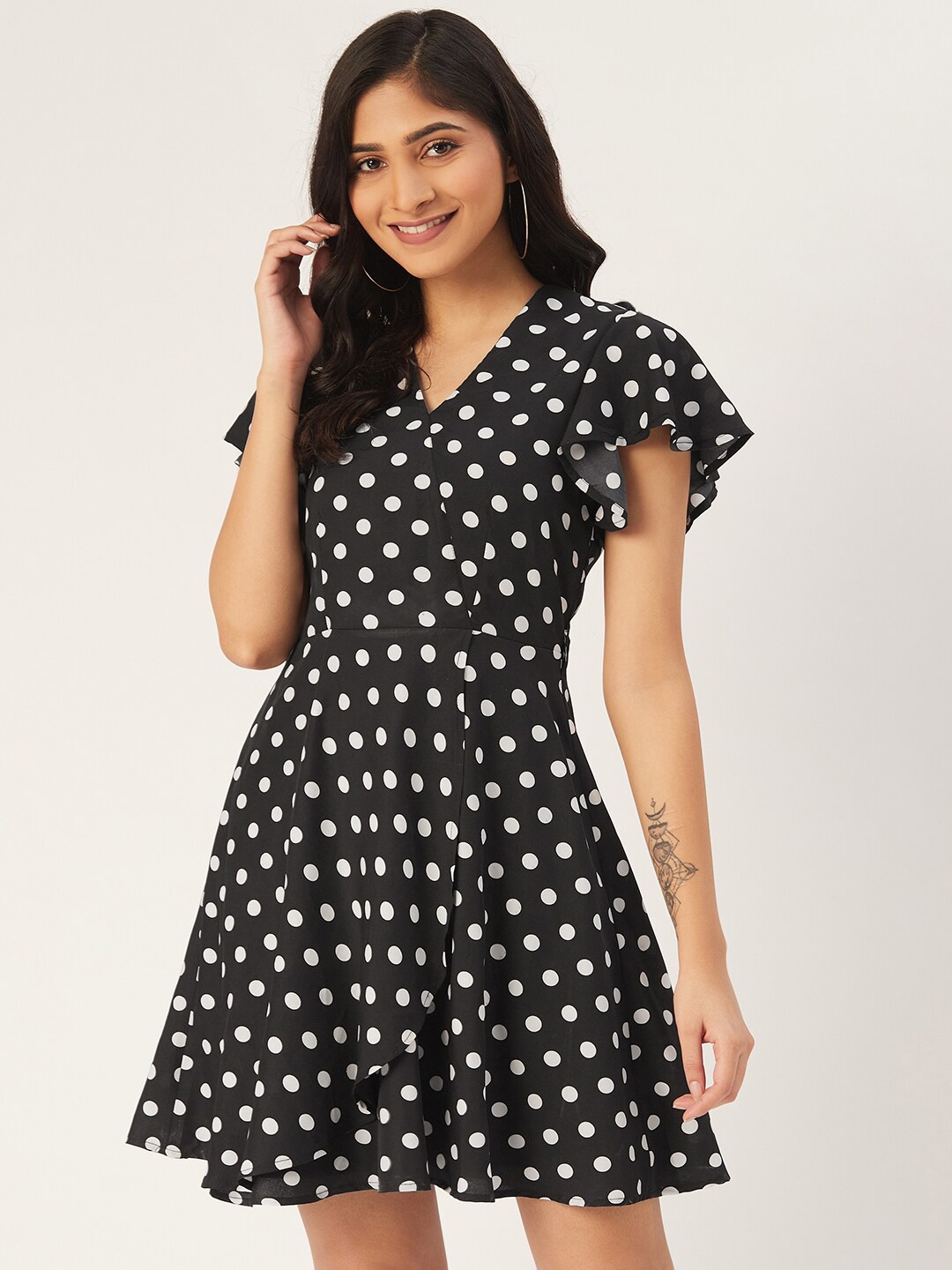 

DODO & MOA Polka Dots Printed Flutter Sleeves Fit & Flare Dress, Black