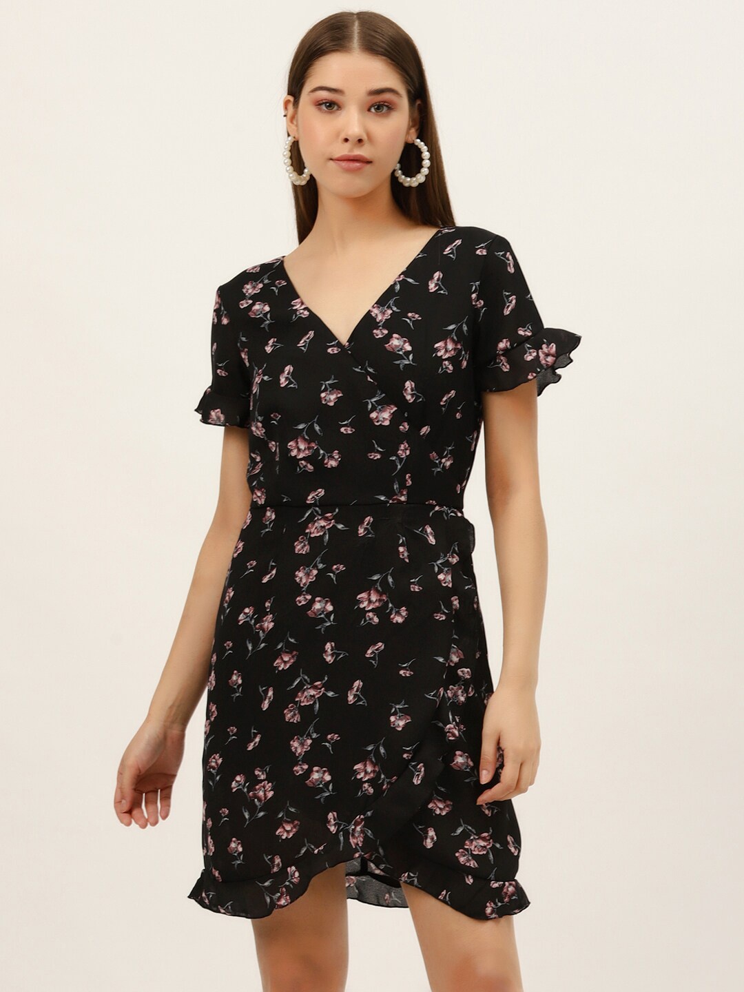 

DODO & MOA Floral Printed V-Neck Wrap Dress, Black