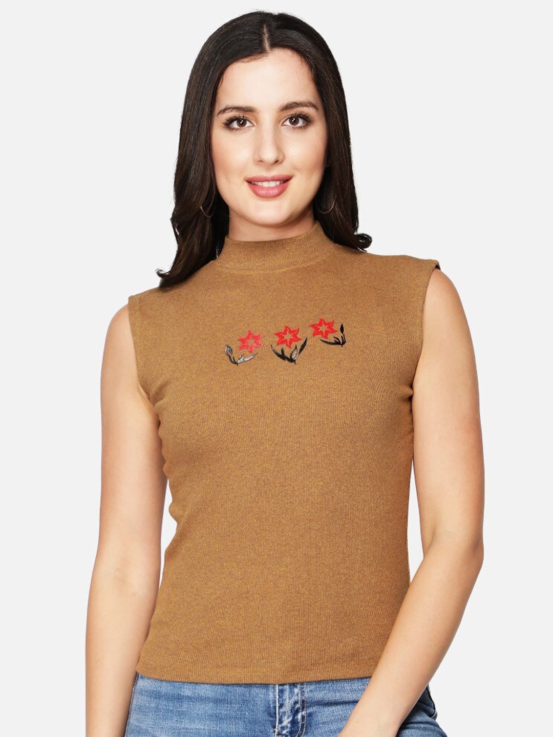 

Sonex Gold Rust Floral Printed High Neck Fitted Top