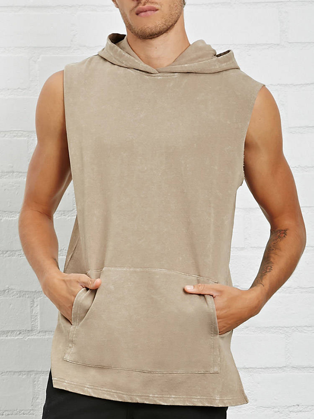 

FOREVER 21 Men Taupe Sleeveless Hooded Sweatshirt