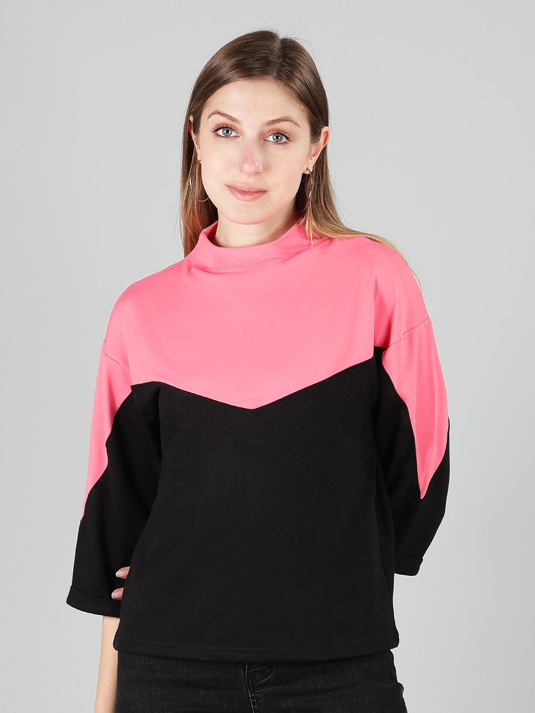 

Sonex Gold High Neck Drop Shoulder Sleeves Colourblocked Top, Pink