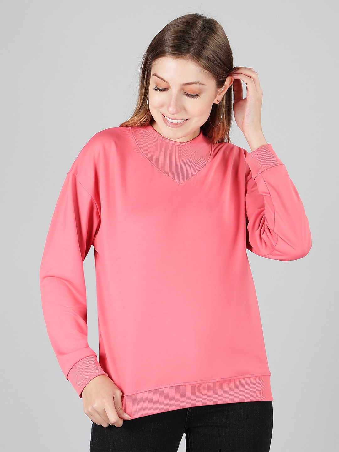 

Sonex Gold Round Neck Cuffed Sleeves Top, Pink