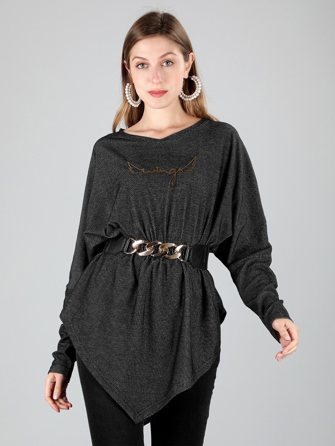 

Sonex Gold Cinched Waist Longline Pouncho Top, Black