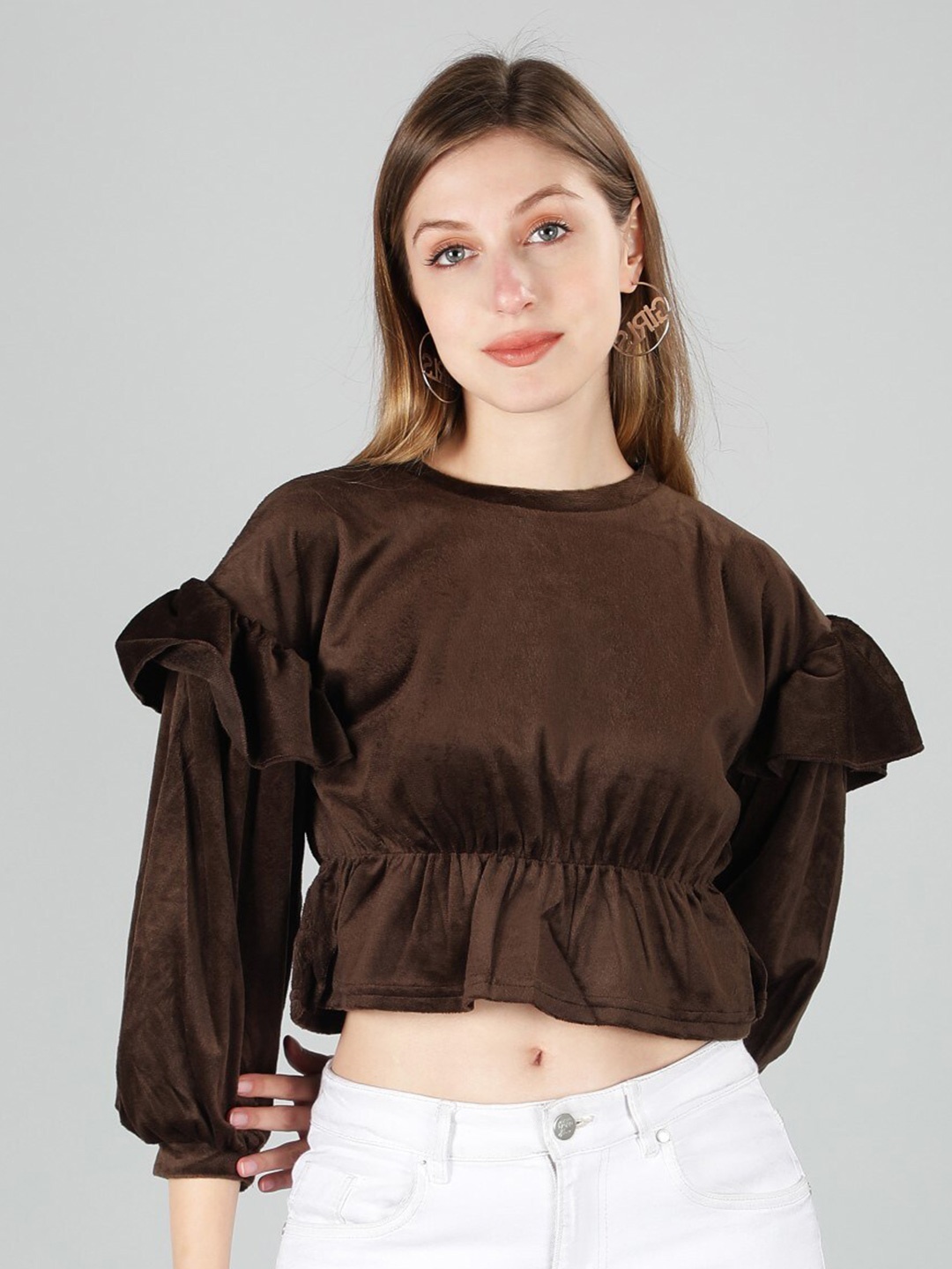 

Sonex Gold Cinched Waist Velvet Crop Top, Brown