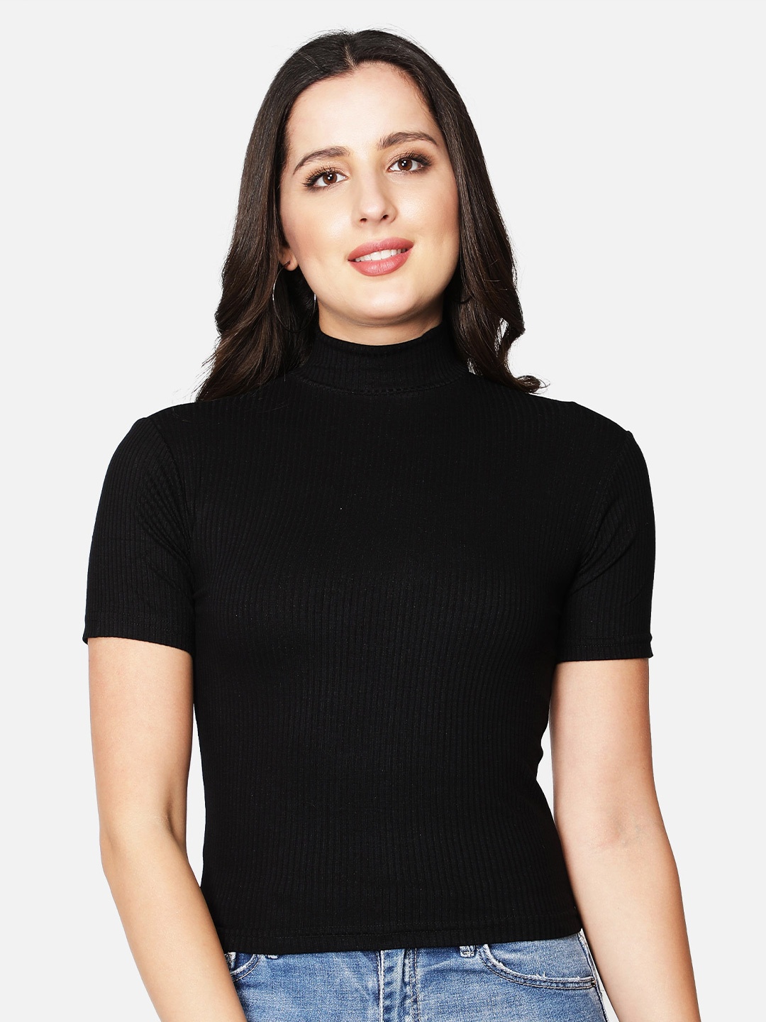 

Sonex Gold Selfdesign High Neck Fitted Top, Black