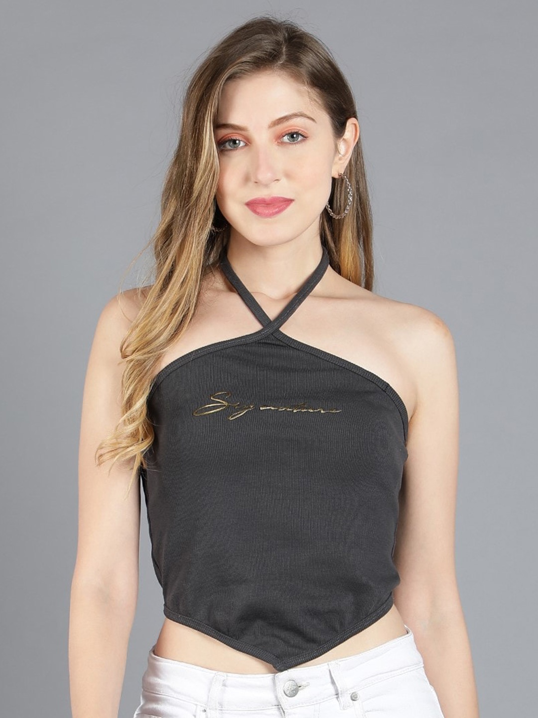 

Sonex Gold Typography Printed Halter Neck Crop Top, Black
