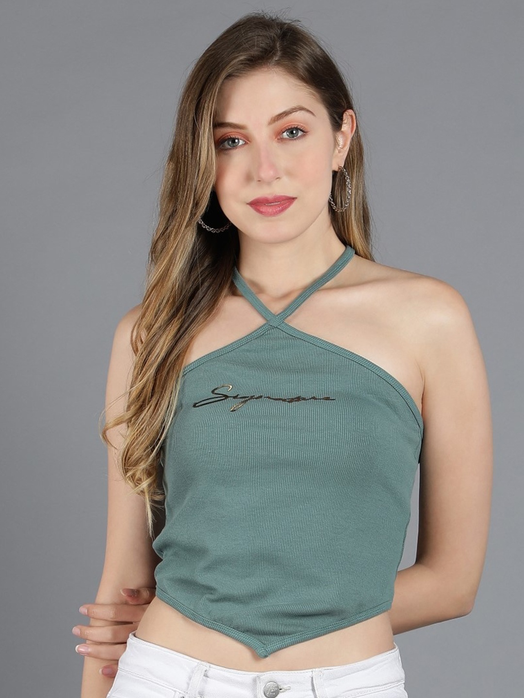 

Sonex Gold Typography Printed Halter Neck Crop Top, Green