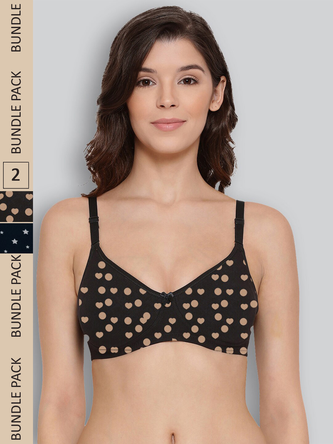 

LYRA Pack Of 2 Graphic Printed Non-Padded Full Coverage Seamless Pure Cotton T-shirt Bra, Black