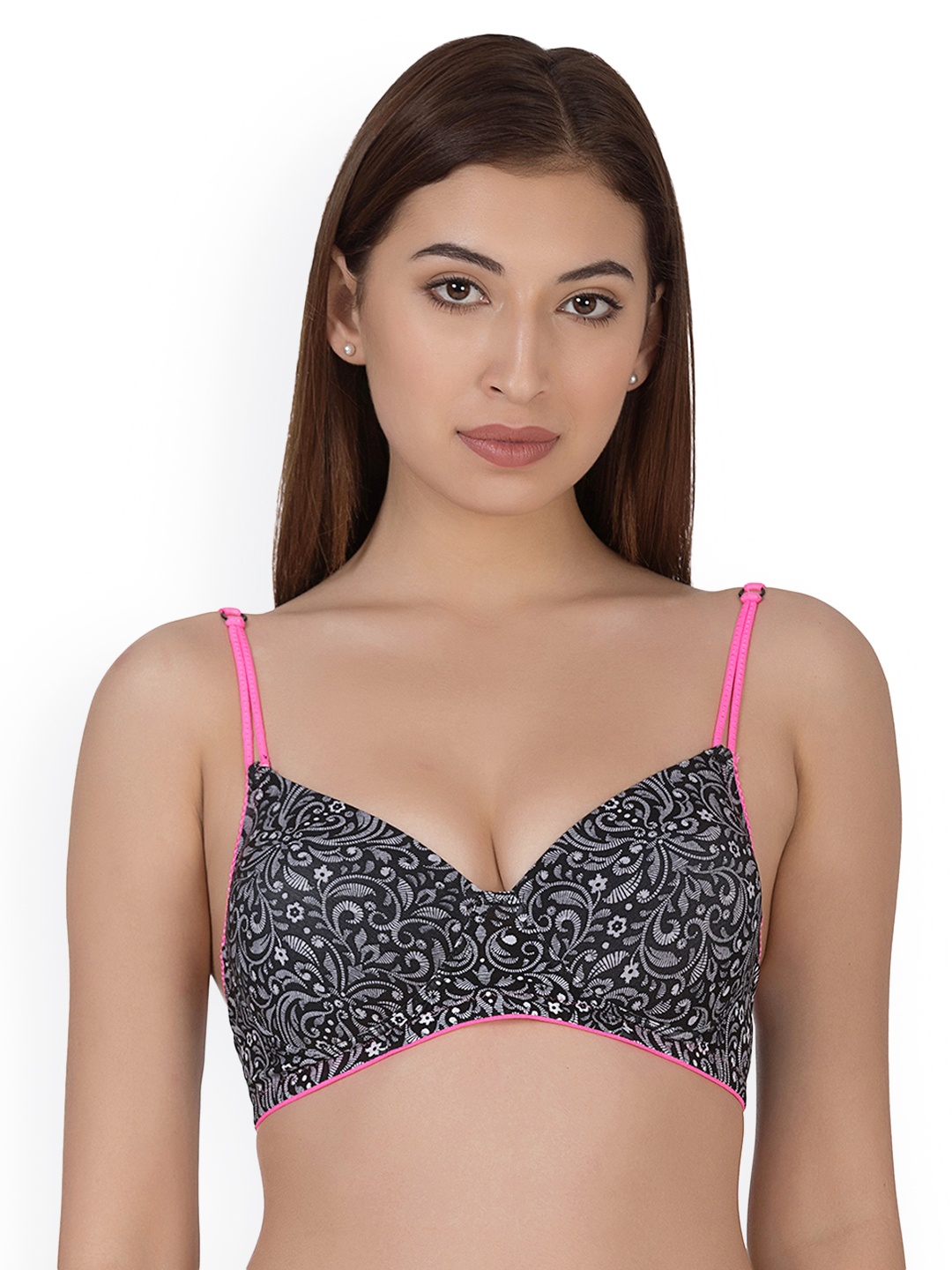 

Clovia Padded Printed T-Shirt Bra With Designer Straps, Black