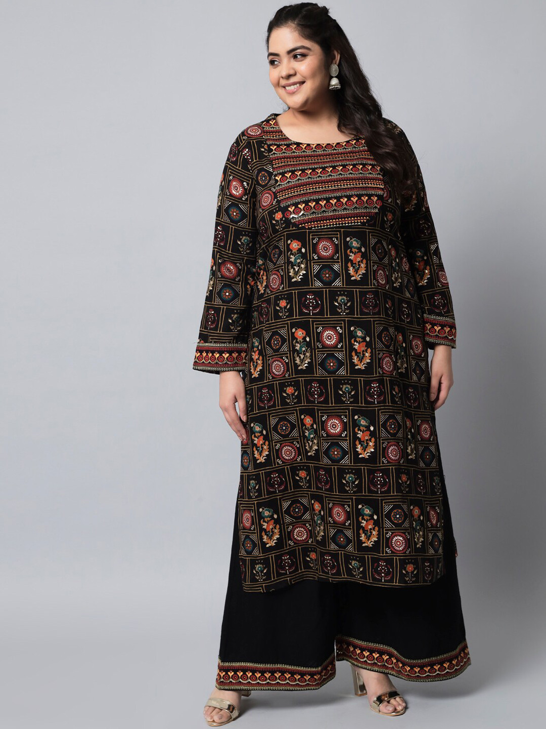

Pankvi Plus Size Floral Printed Sequined Straight Kurta with Palazzos, Black