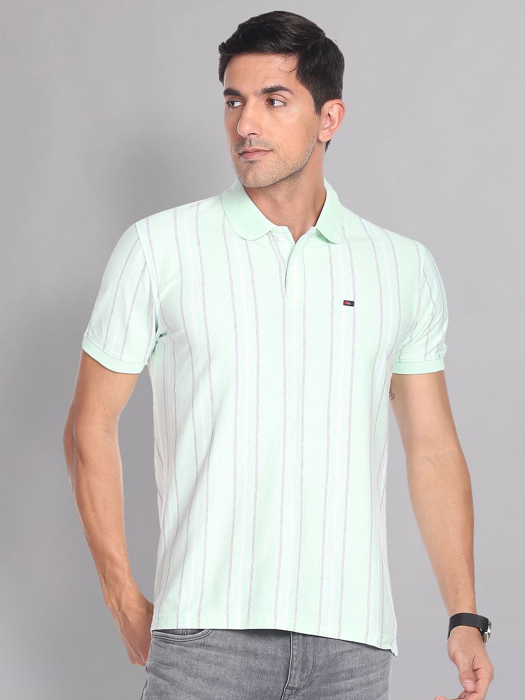 

AD By Arvind Striped Polo Collar Pure Cotton Slim Fit T-shirt, Green