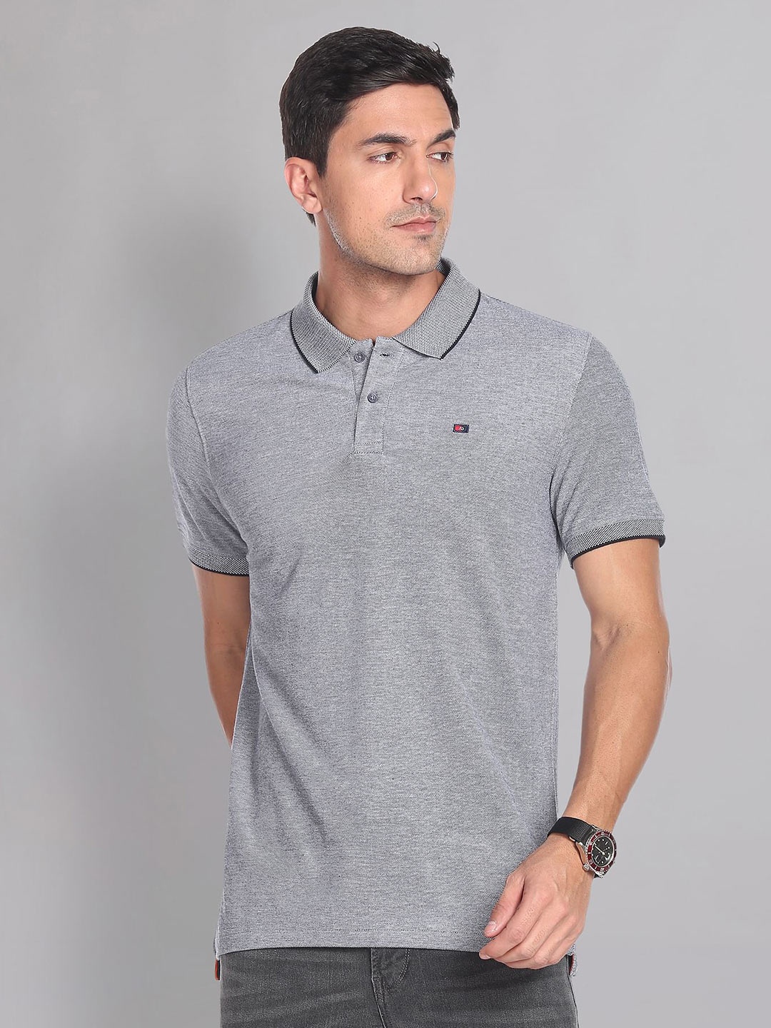 

AD By Arvind Polo Collar Pure Cotton Slim Fit T-shirt, Grey melange