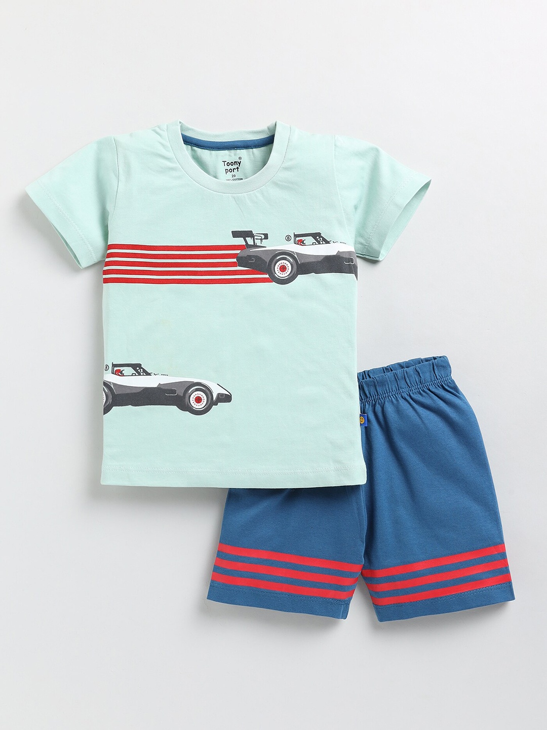 Toonyport Boys Printed Pure Cotton T-shirt with Shorts, Sea green