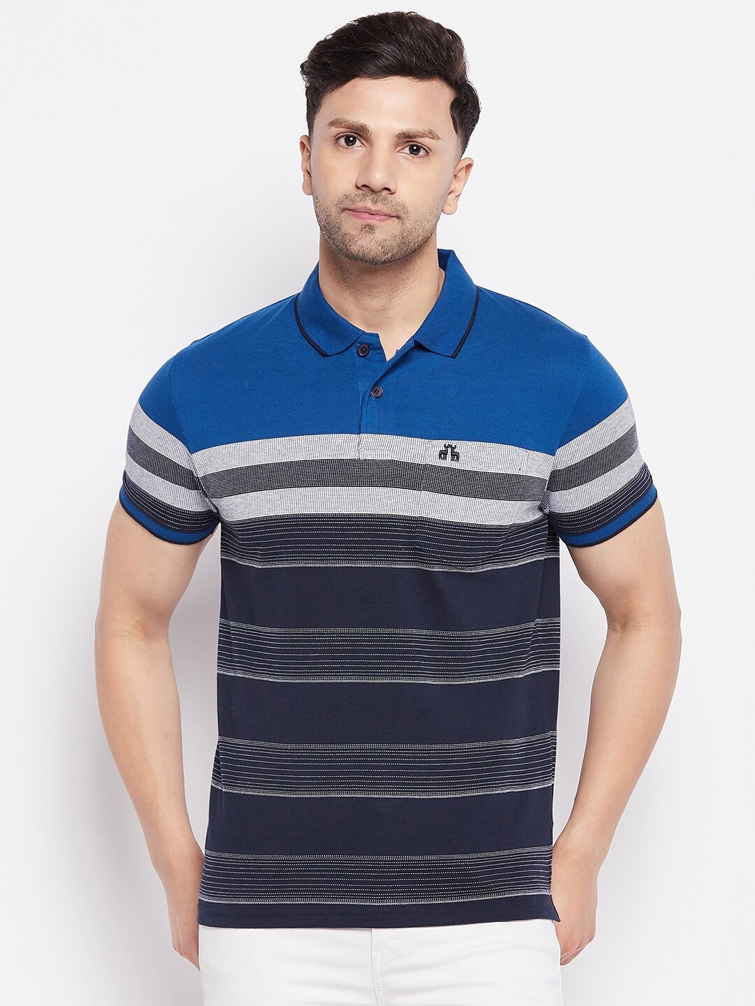 

98 Degree North Striped Polo Collar Cotton T-shirt, Navy blue