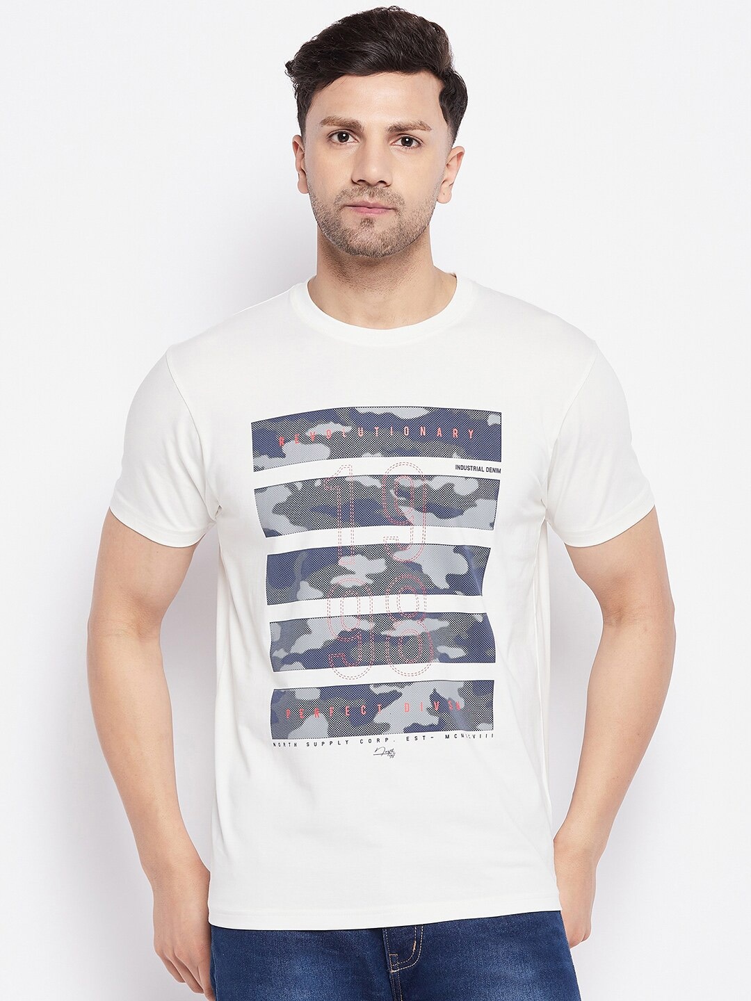 

98 Degree North Camouflage Printed Round Neck Cotton T-shirt, White